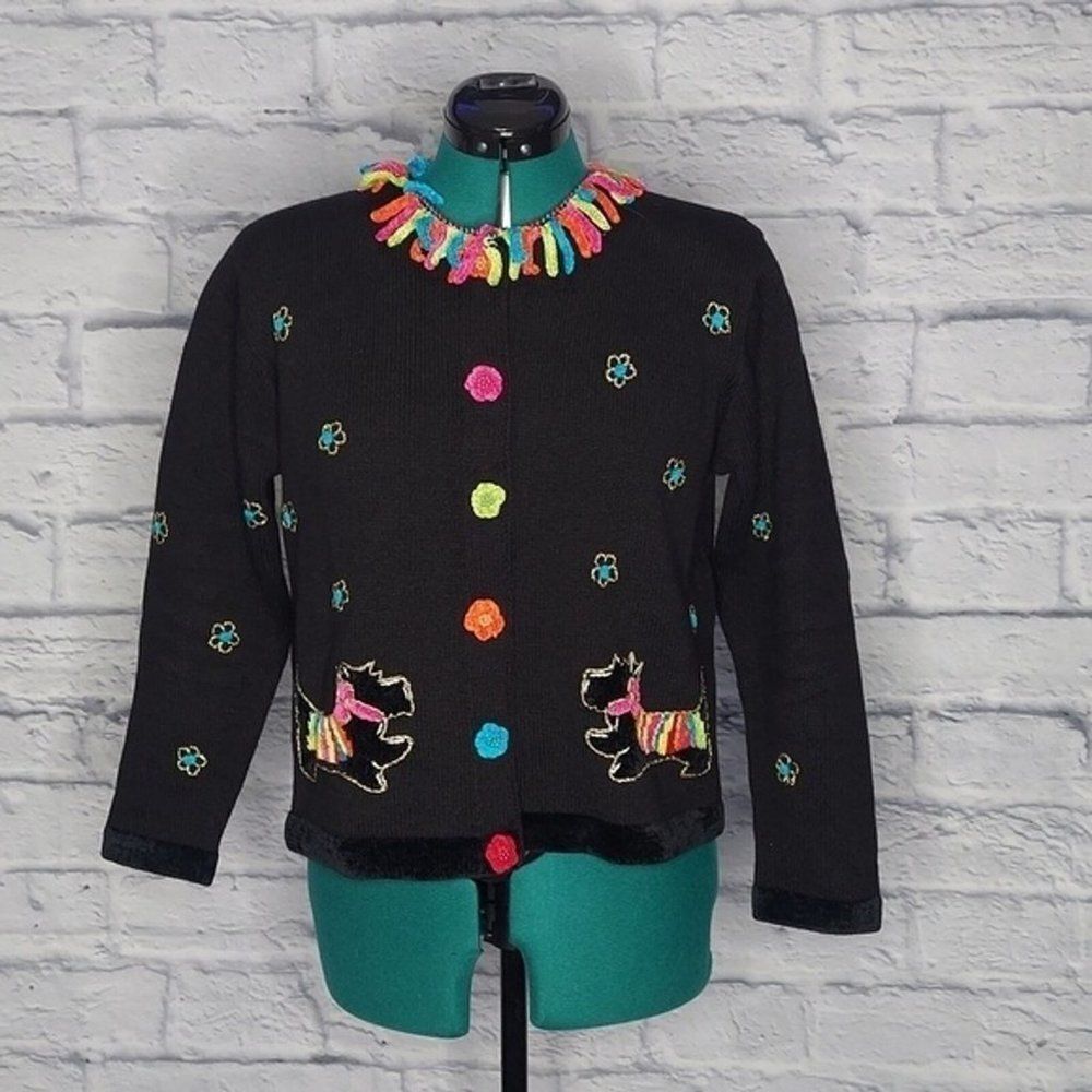 Berek Vintage Womens Black Embroidered Scottish dog mom Lover motif sweater Sz M